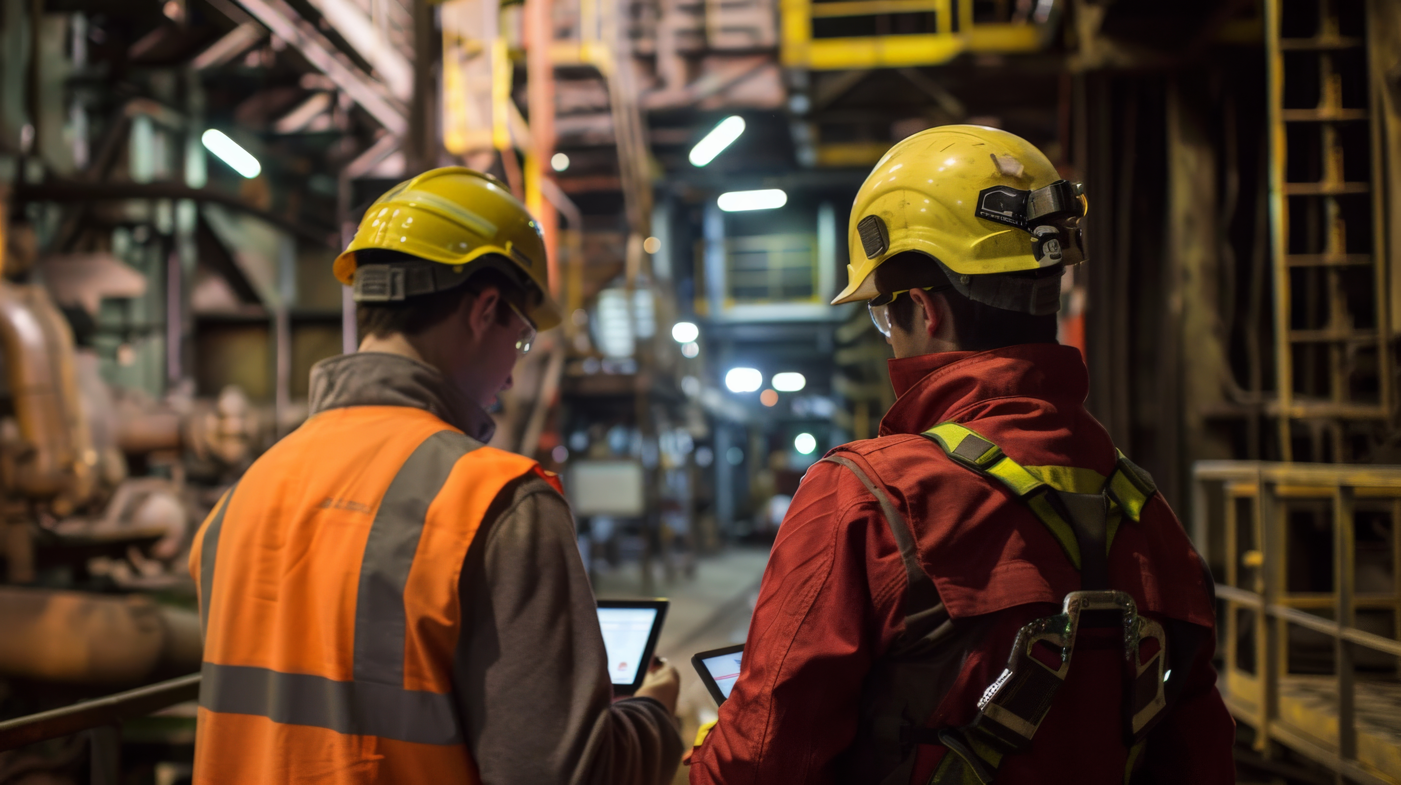 Two engineers reviewing work on tablets inside a mining facility
